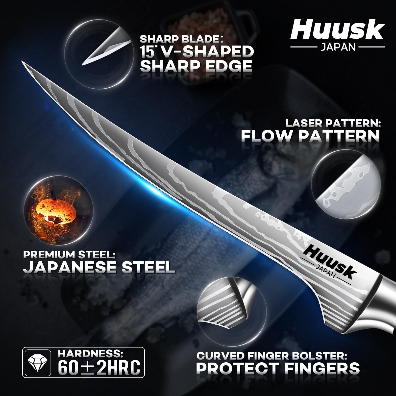 Huusk Filet Knife seven-inch flexible blade in action demonstrates precision and minimal waste.