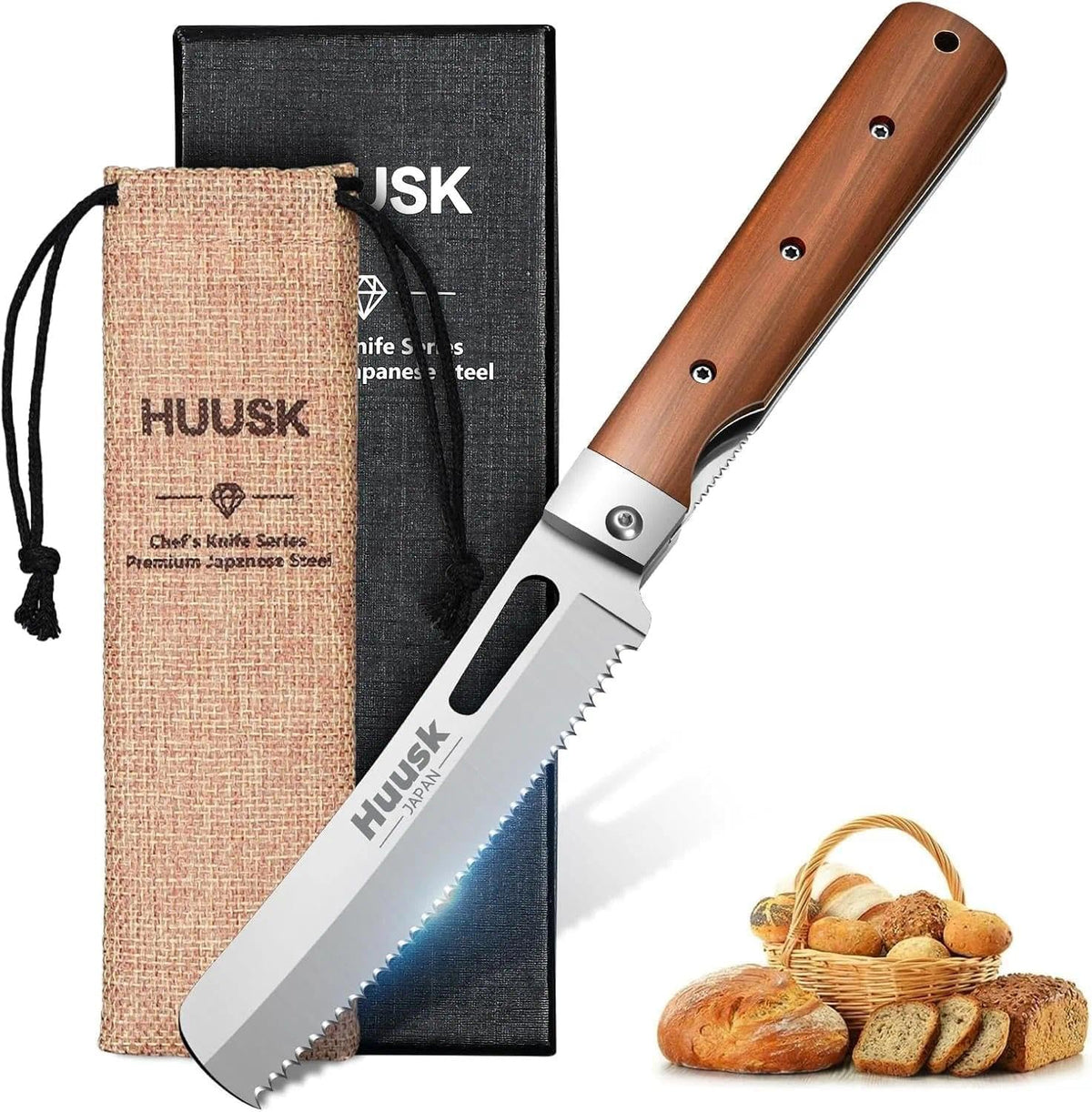 Huusk folding bread knife closed for compact storage and safety.