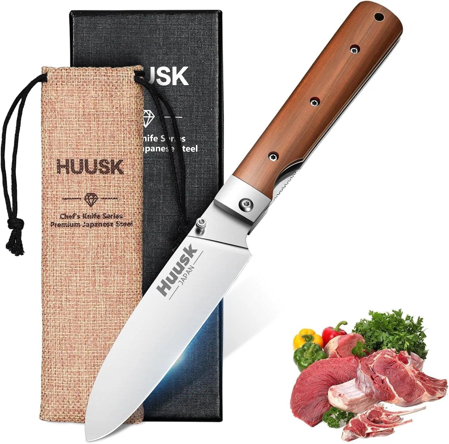 Huusk folding chef knife blade close-up, sharp 440C edge for precise slicing.