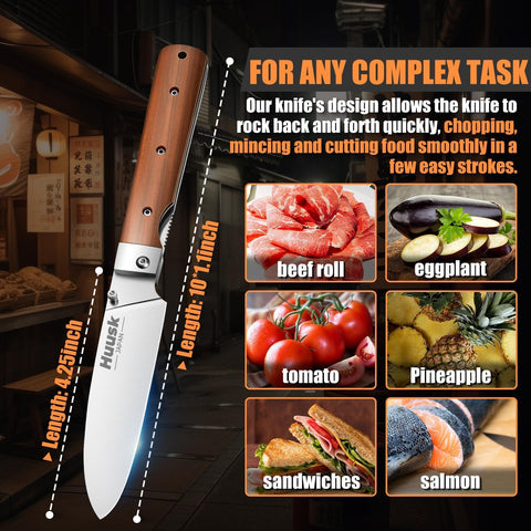 Huusk folding knife in kitchen during tomato slicing.