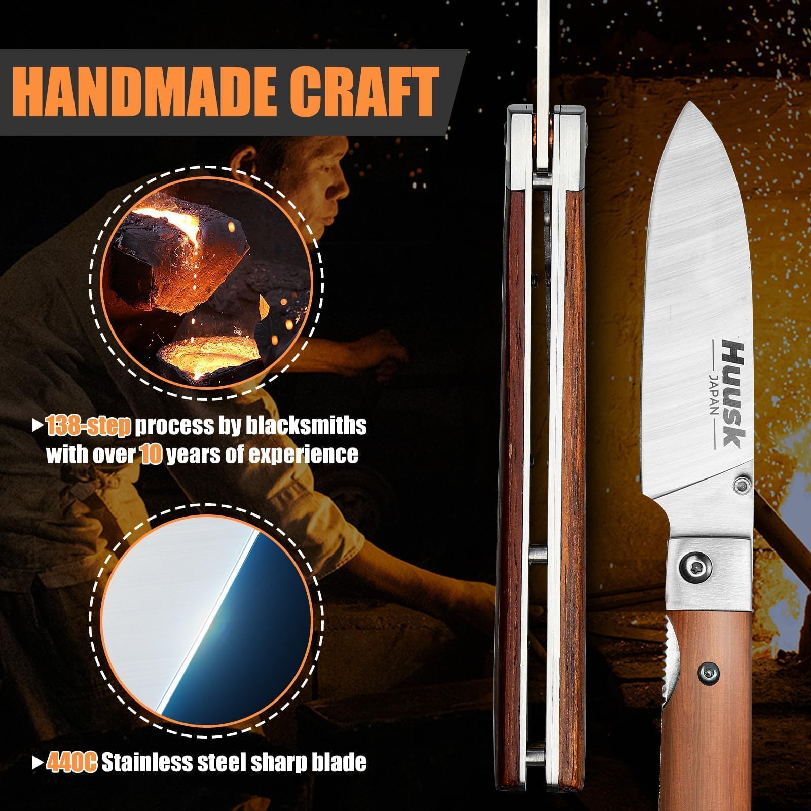 Huusk folding knife liner lock secures blade for safe use.