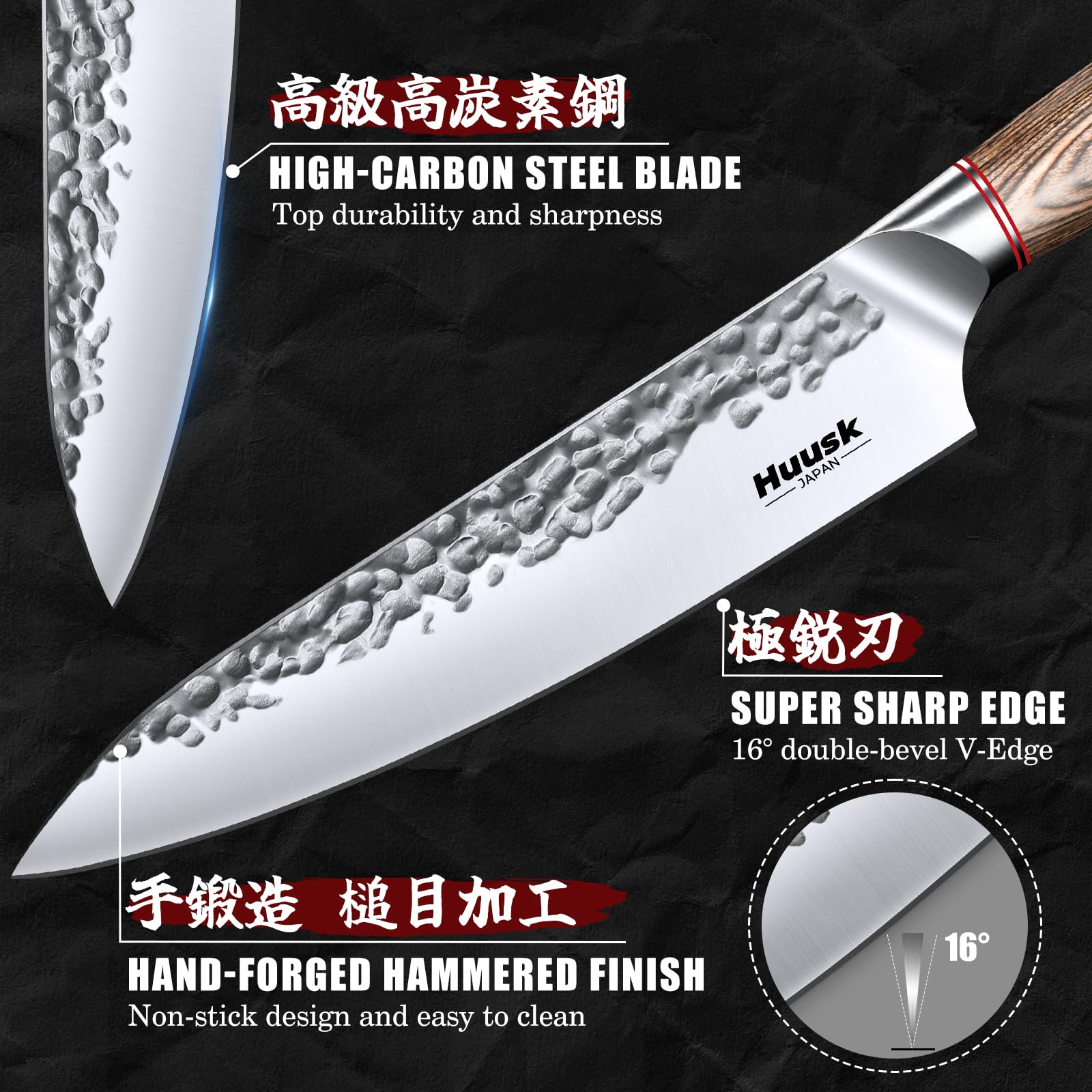 Huusk hammered blade texture reduces sticking during prep.
