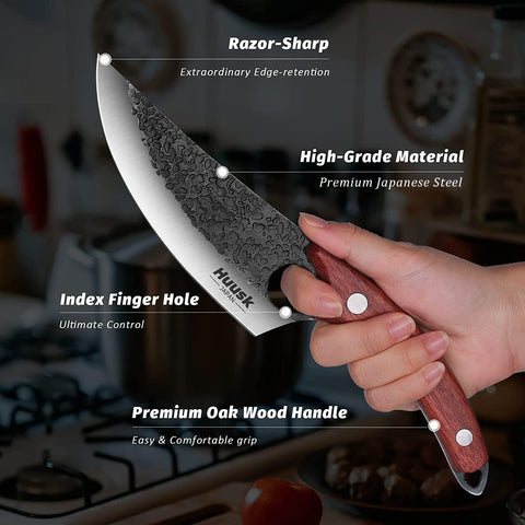 Huusk hammered blade texture reduces sticking for smoother cuts