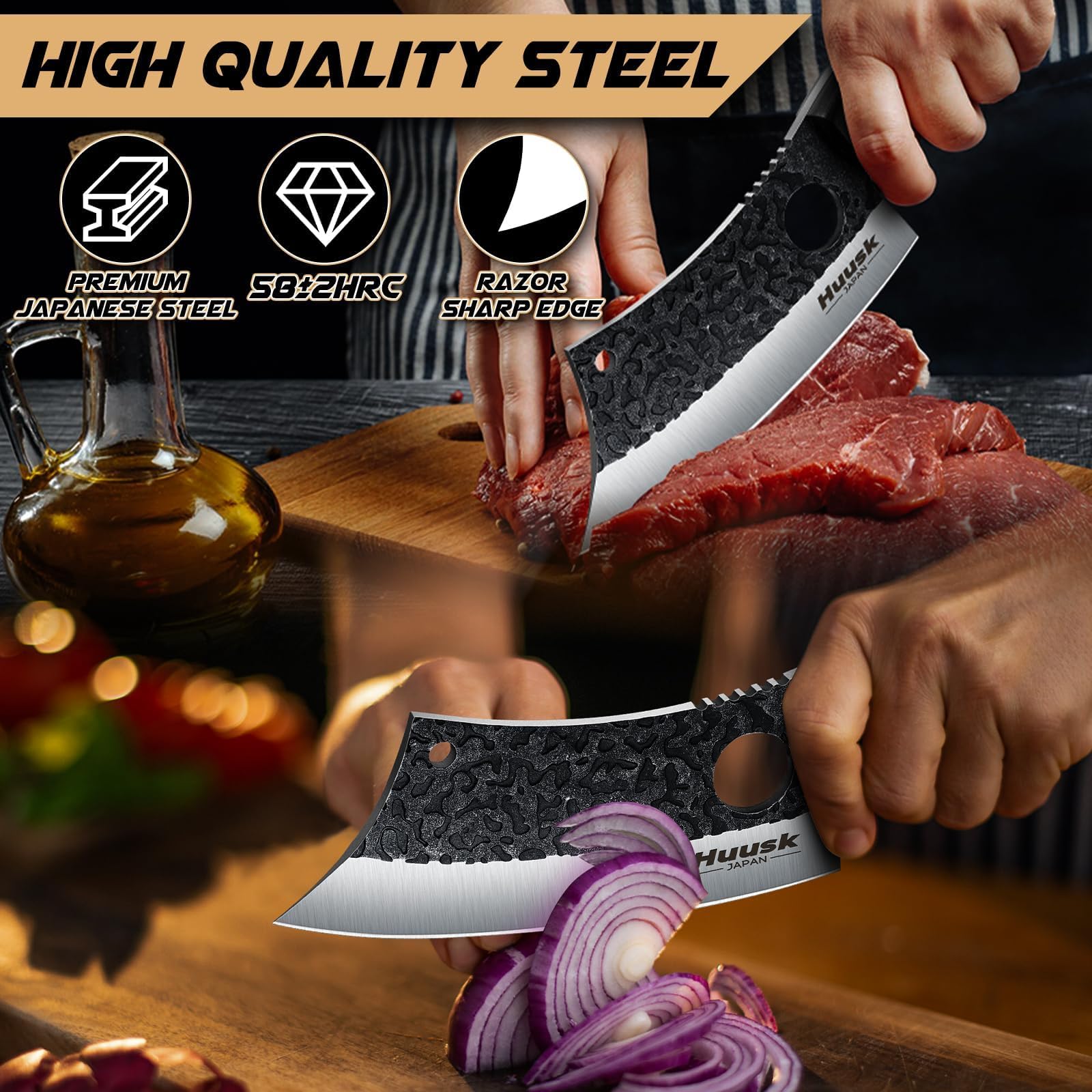 Huusk hand-forged high-carbon steel close-up showing edge durability.