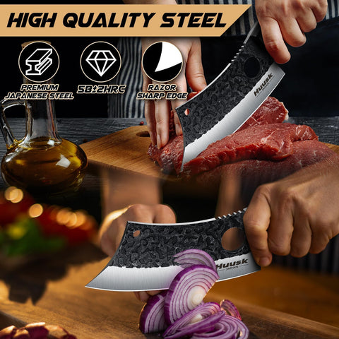 Huusk hand-forged high-carbon steel close-up showing edge durability.
