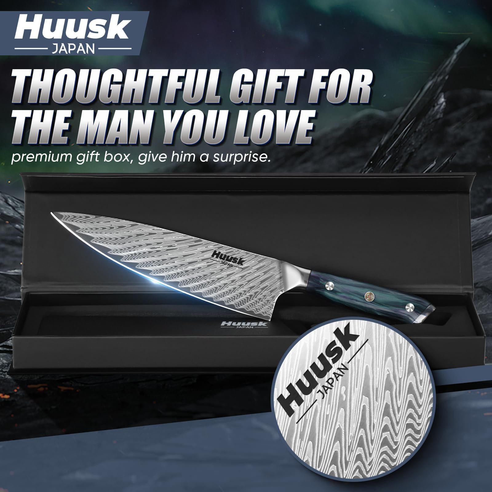 Huusk high-carbon stainless steel blade balances sharpness with resilience.