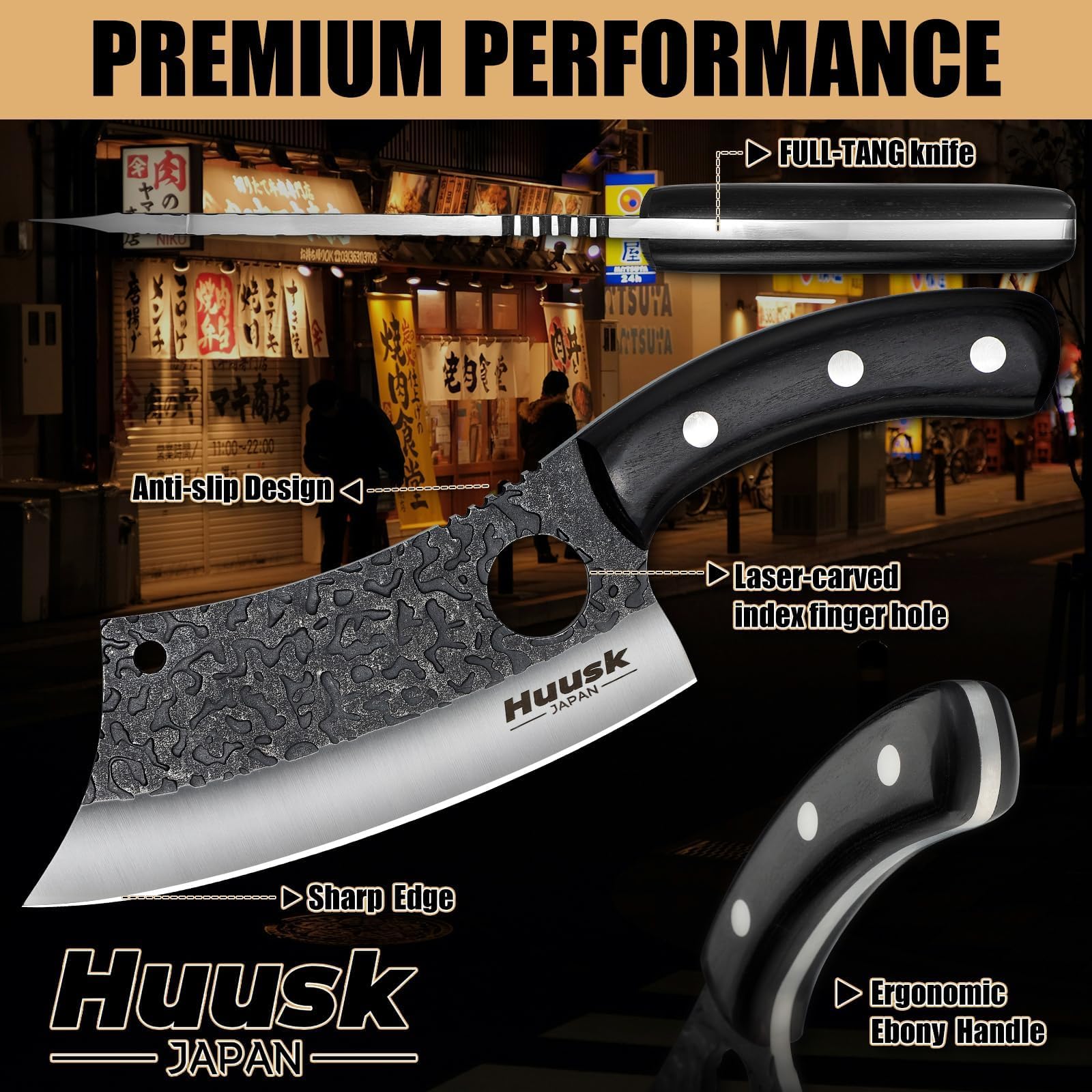 Huusk blade with index finger hole enhancing precise control during slicing.