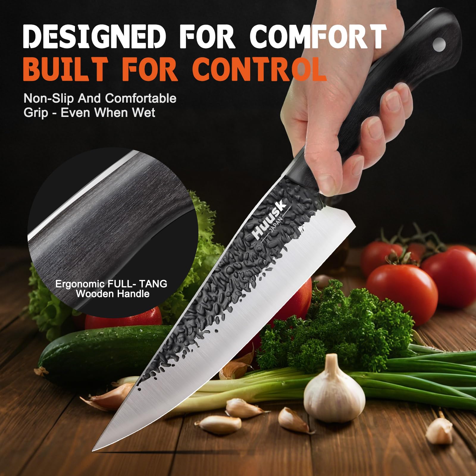 Complete Huusk knife set layout for versatile meat, veggie, and fish prep