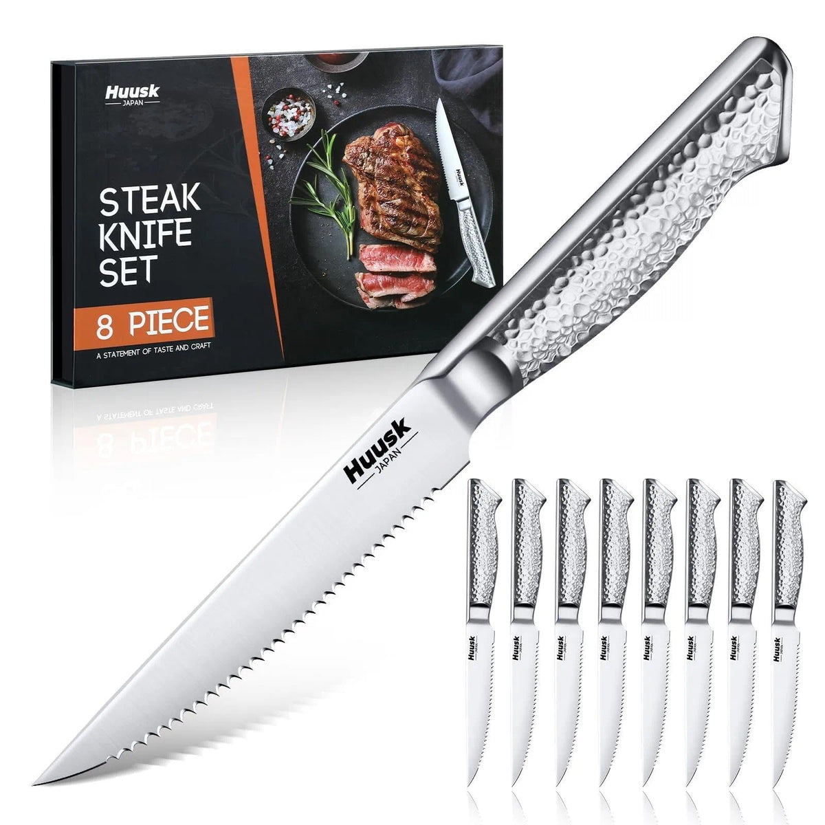 Huusk 8-piece Japanese steak knife set arranged for dining prep