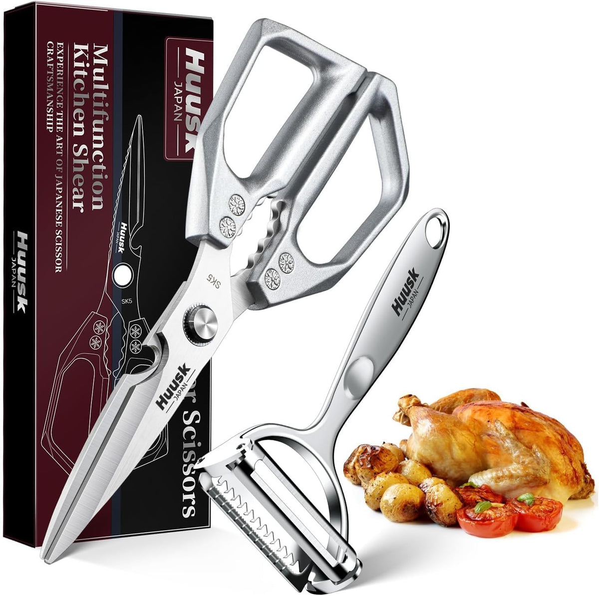 Huusk kitchen scissors heavy-duty blade close-up showcases strength for tough cuts.