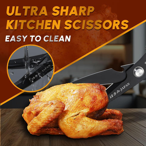 Huusk kitchen scissors set black dual-shear in action demonstrates versatile performance.