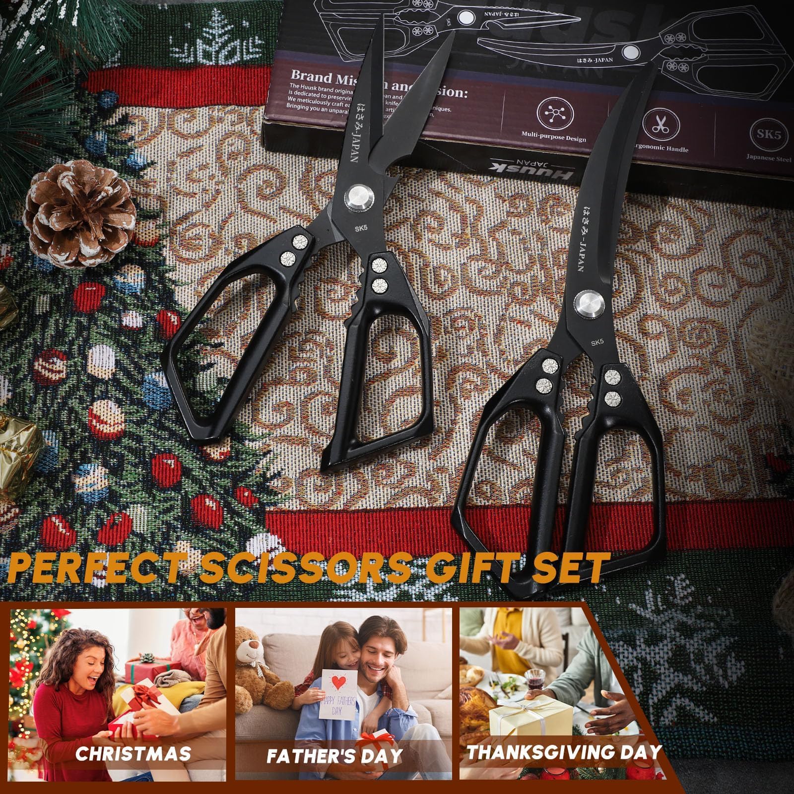 Huusk kitchen scissors set black finished blades emphasize sleek, durable design.
