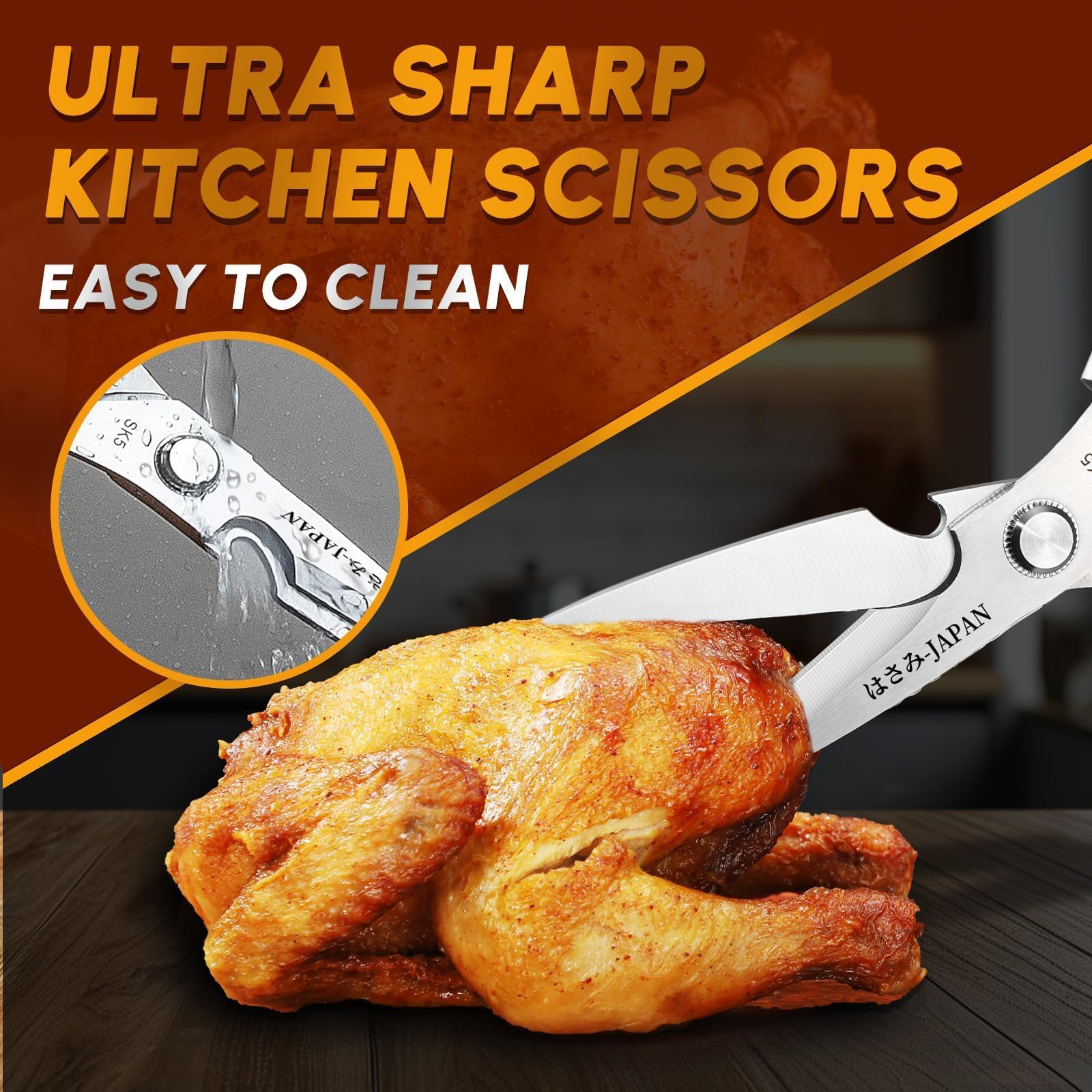 Huusk extended 7-inch blade improves leverage for poultry and thick ingredients.