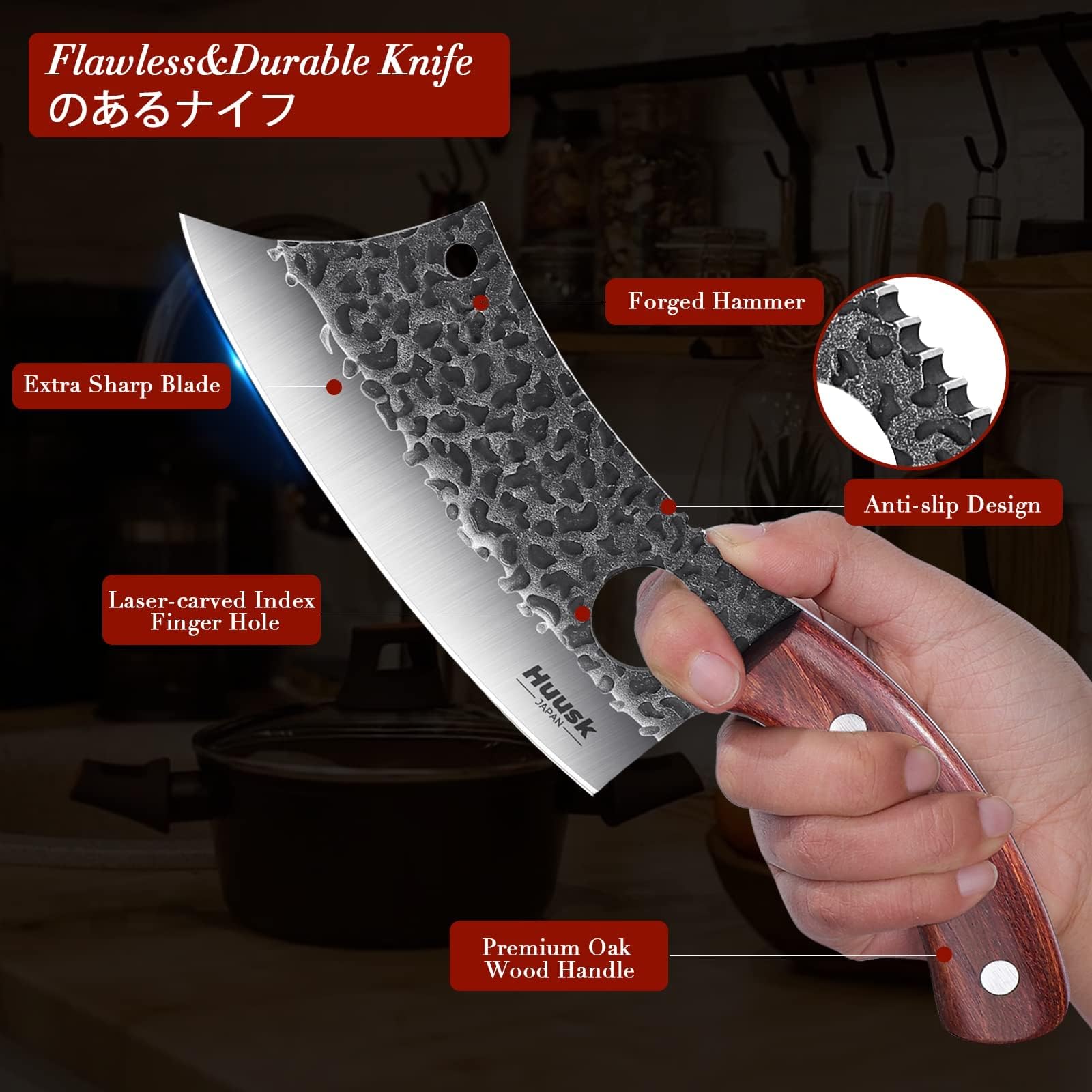 Huusk craftsmanship—138-step process showcased on the blade.