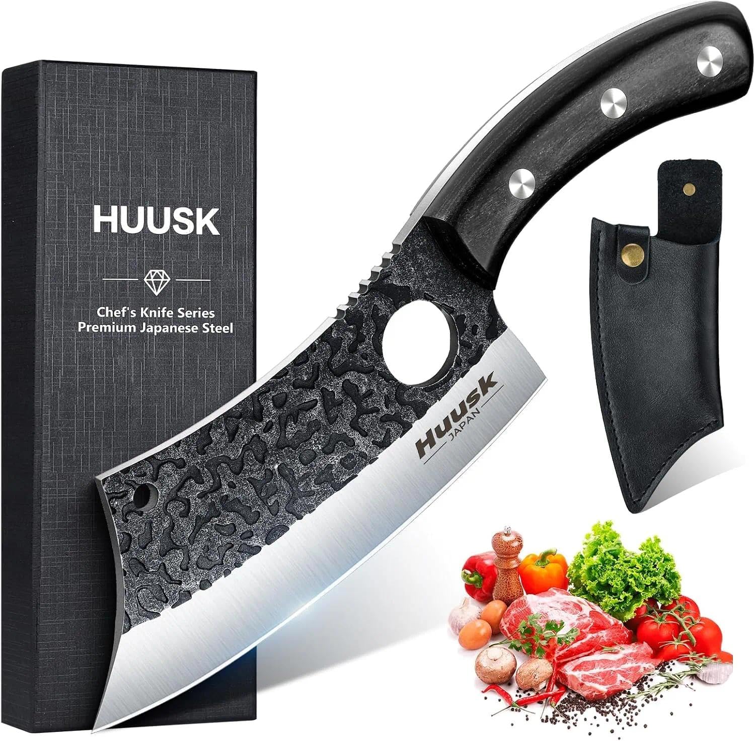 Huusk meat cleaver curve blade for smooth rocking cuts.