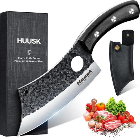 Huusk meat cleaver curve blade for smooth rocking cuts.