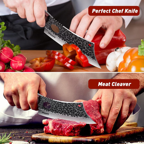Huusk cleaver ergonomic oak handle designed for a secure, fatigue-free grip.