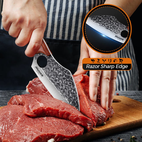 Huusk meat cleaver in sheath ready for safe storage and outdoor use