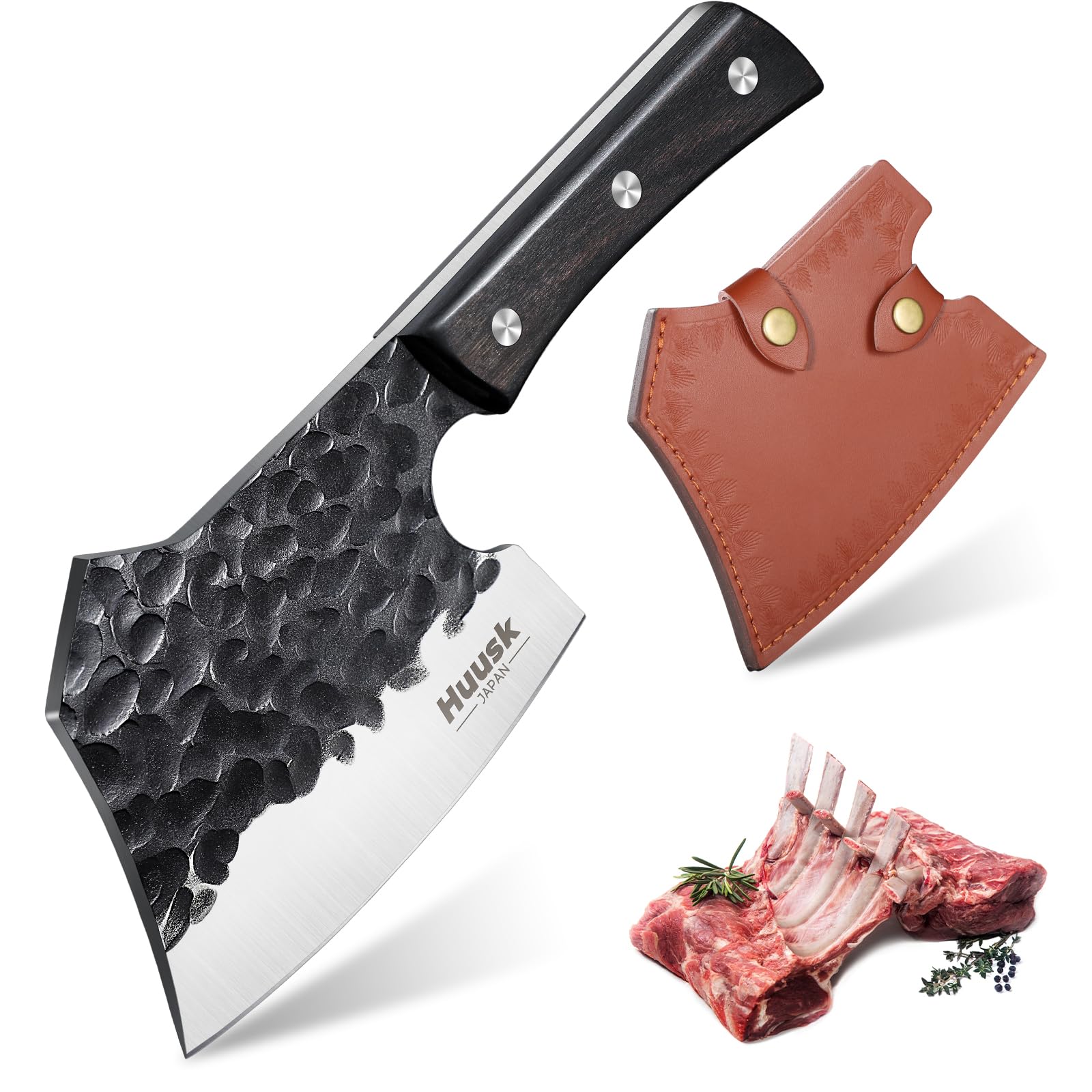 Huusk meat cleaver blade close-up highlights precision edge for heavy bone chopping.