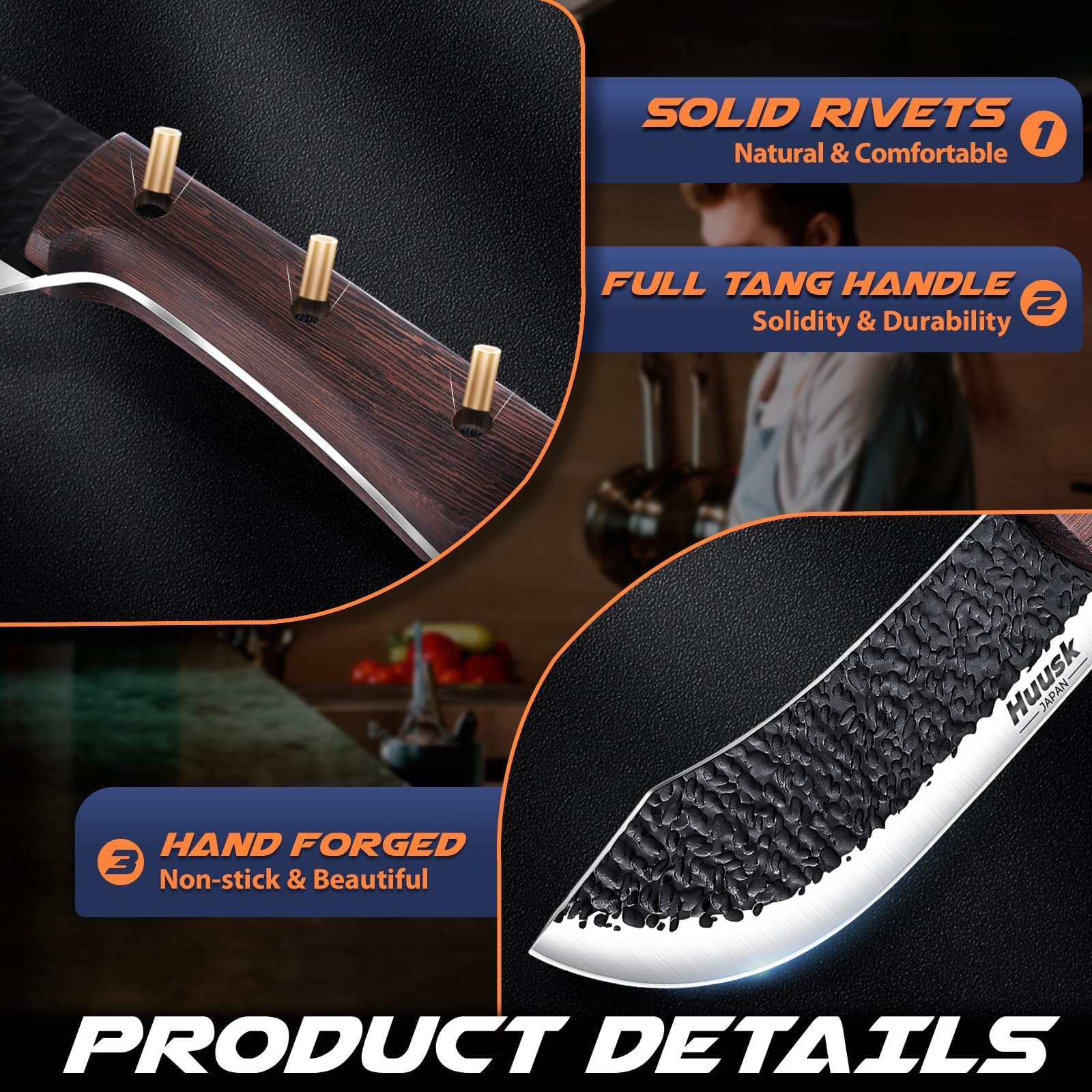 Huusk meat cleaver full-tang construction offers balance and strength.