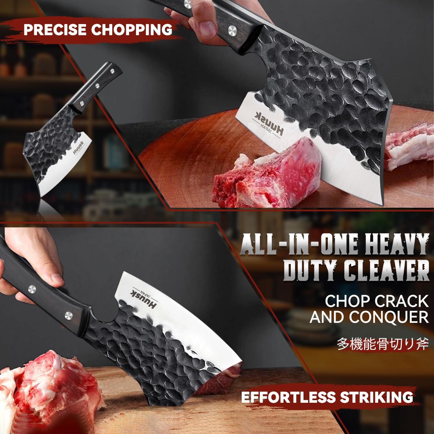 Huusk meat cleaver handle with ergonomic grip for secure control during prep.
