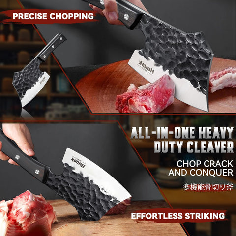 Huusk meat cleaver handle with ergonomic grip for secure control during prep.