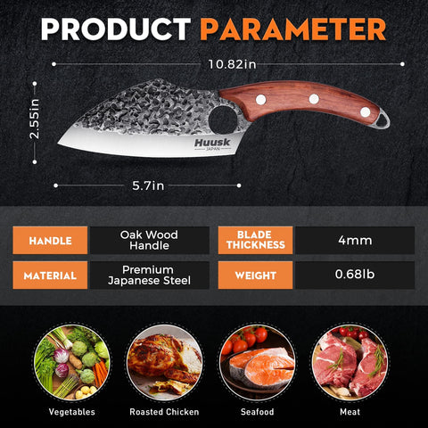 Huusk meat cleaver on a wooden cutting board for prep tasks