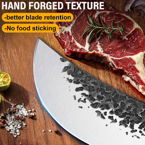 Huusk meat-cutting knife with leather sheath for safe kitchen-to-field transport