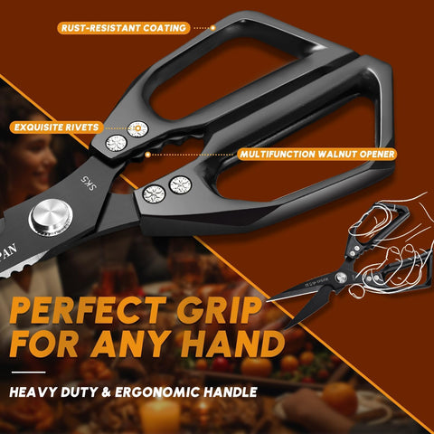 Huusk meat scissors close-up shows sharp heavy-duty blades.