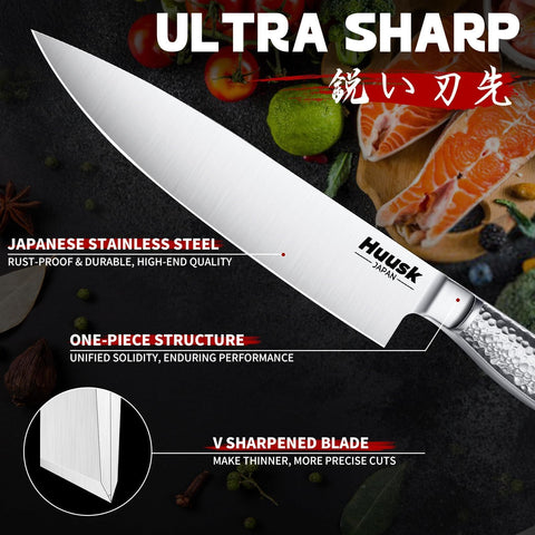 Huusk one-piece forged stainless steel blades for enduring sharpness.