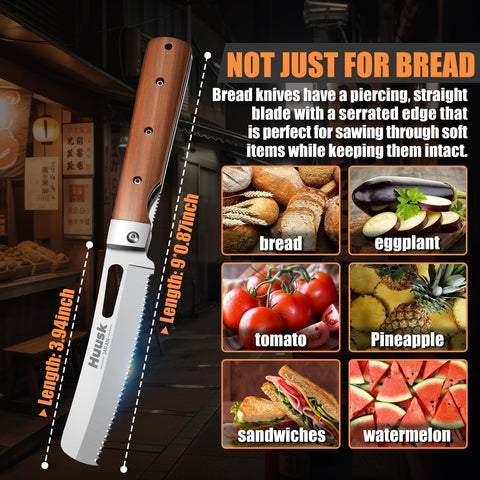 Huusk portable knife on a camping table ready for on-the-go slicing.