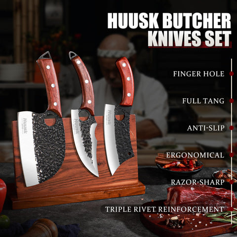 Huusk rosewood handles with full-tang design offer comfortable grip.