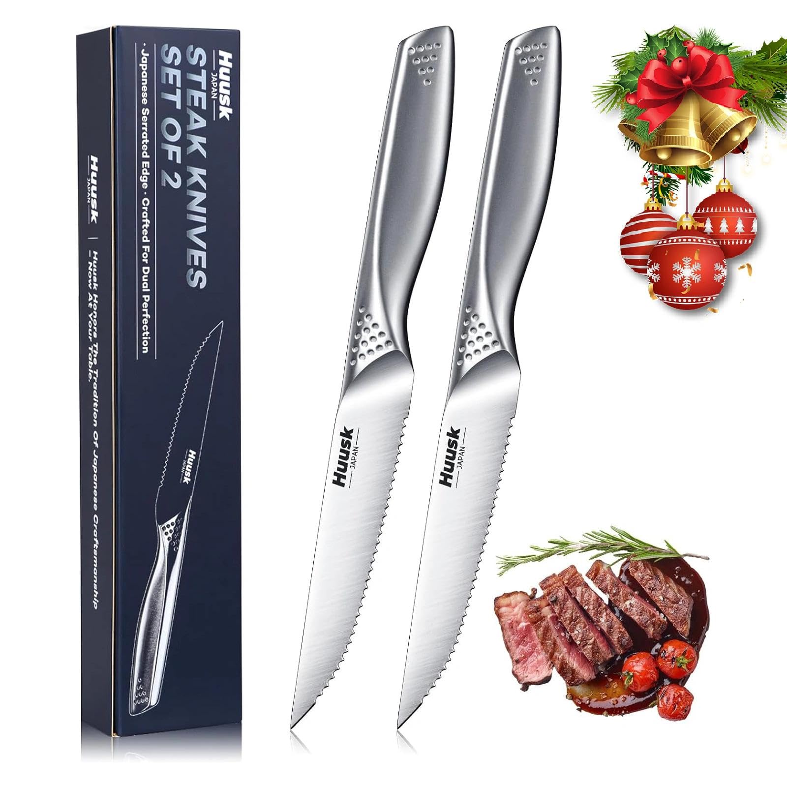 Huusk serrated steak knives blade close-up showing sharp micro-serrations for clean cuts