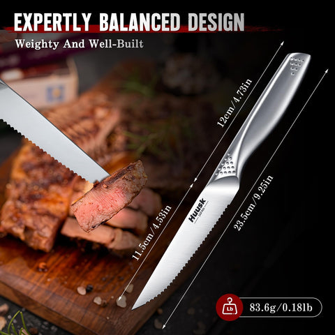 Huusk serrated steak knives with a 15-degree edge for even slicing of tough meats