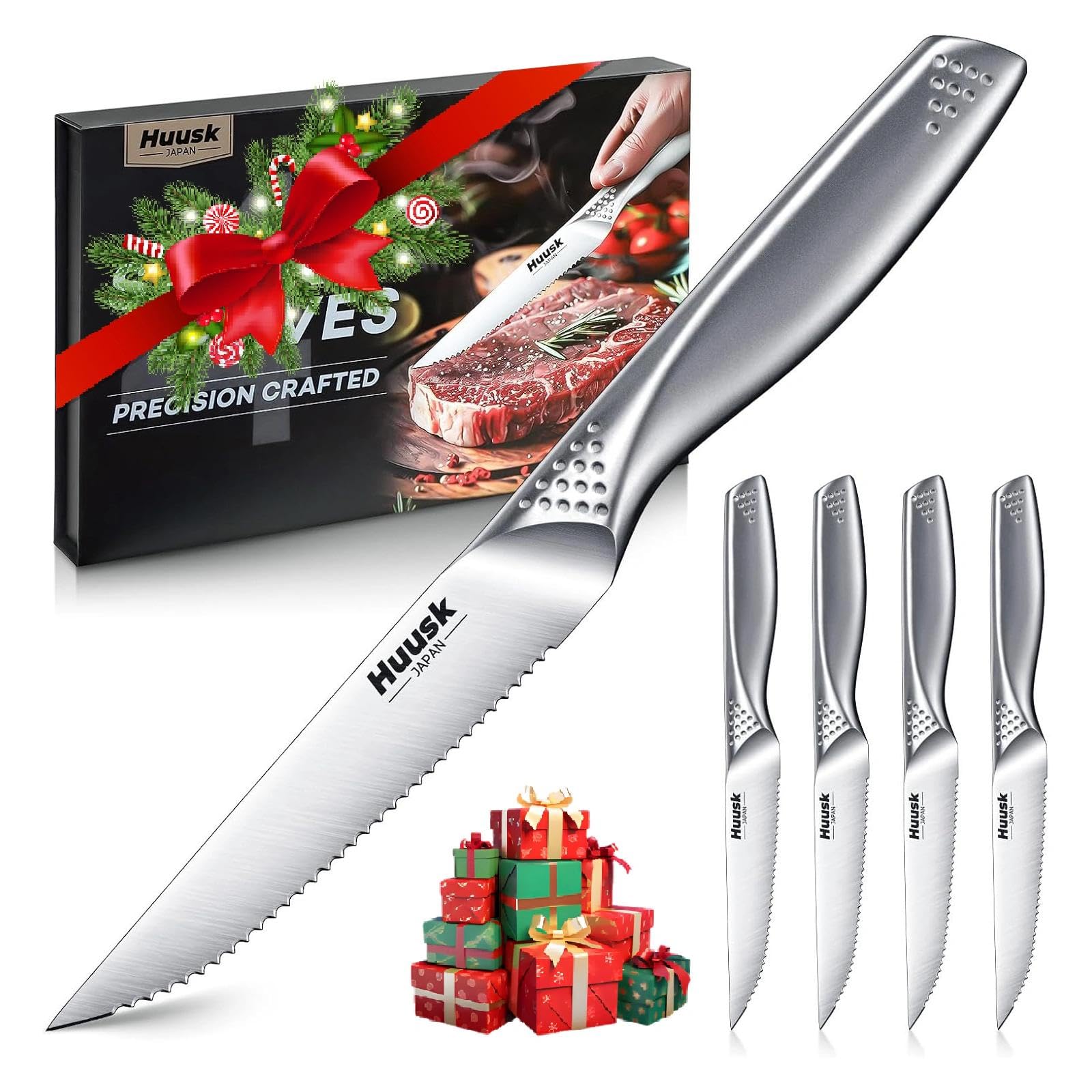 Huusk serrated steak knives set of four offering precise 4.5-inch blade cuts.