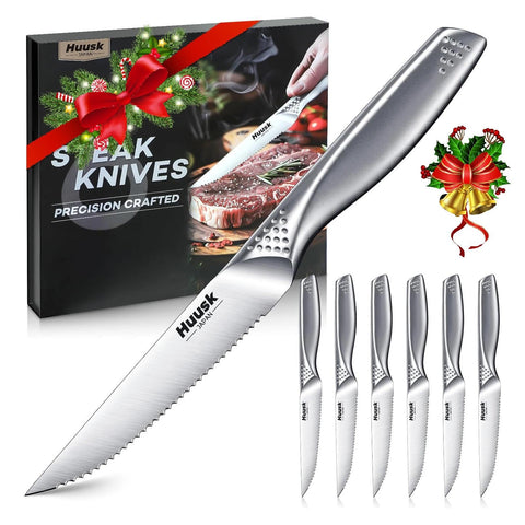 Huusk serrated steak knives set of six for clean, precise home cuts.
