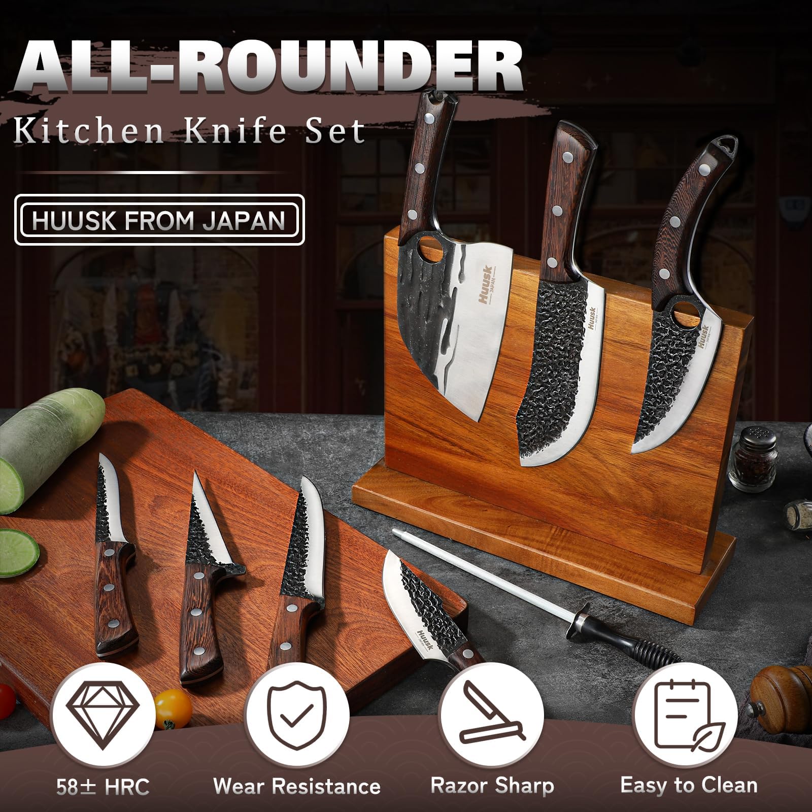 Huusk sharpening rod for maintaining sharp blades.