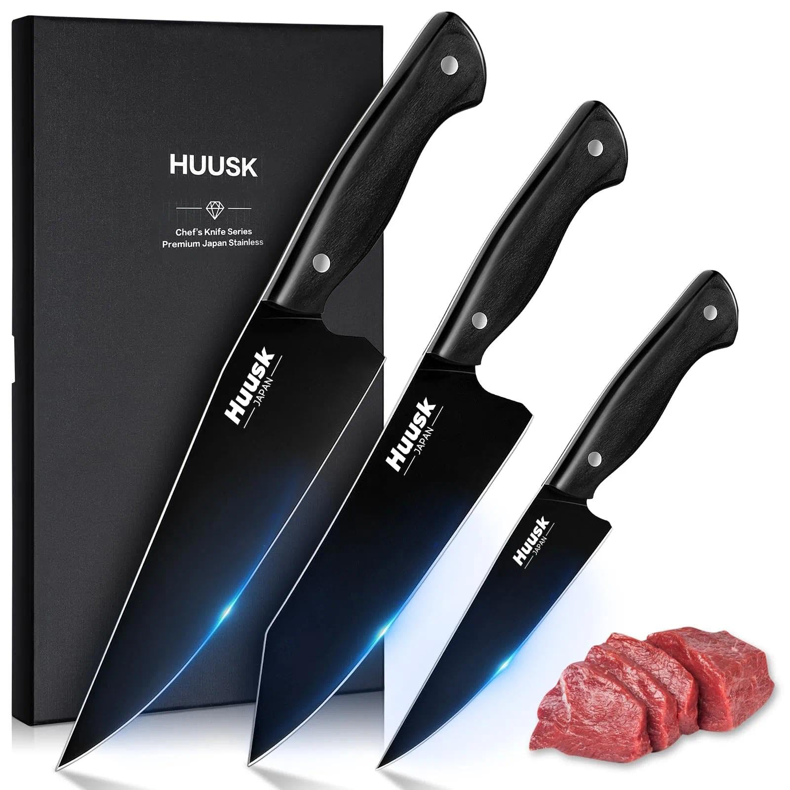 Huusk three-piece knife set blades closeup for precise slicing and edge readiness.