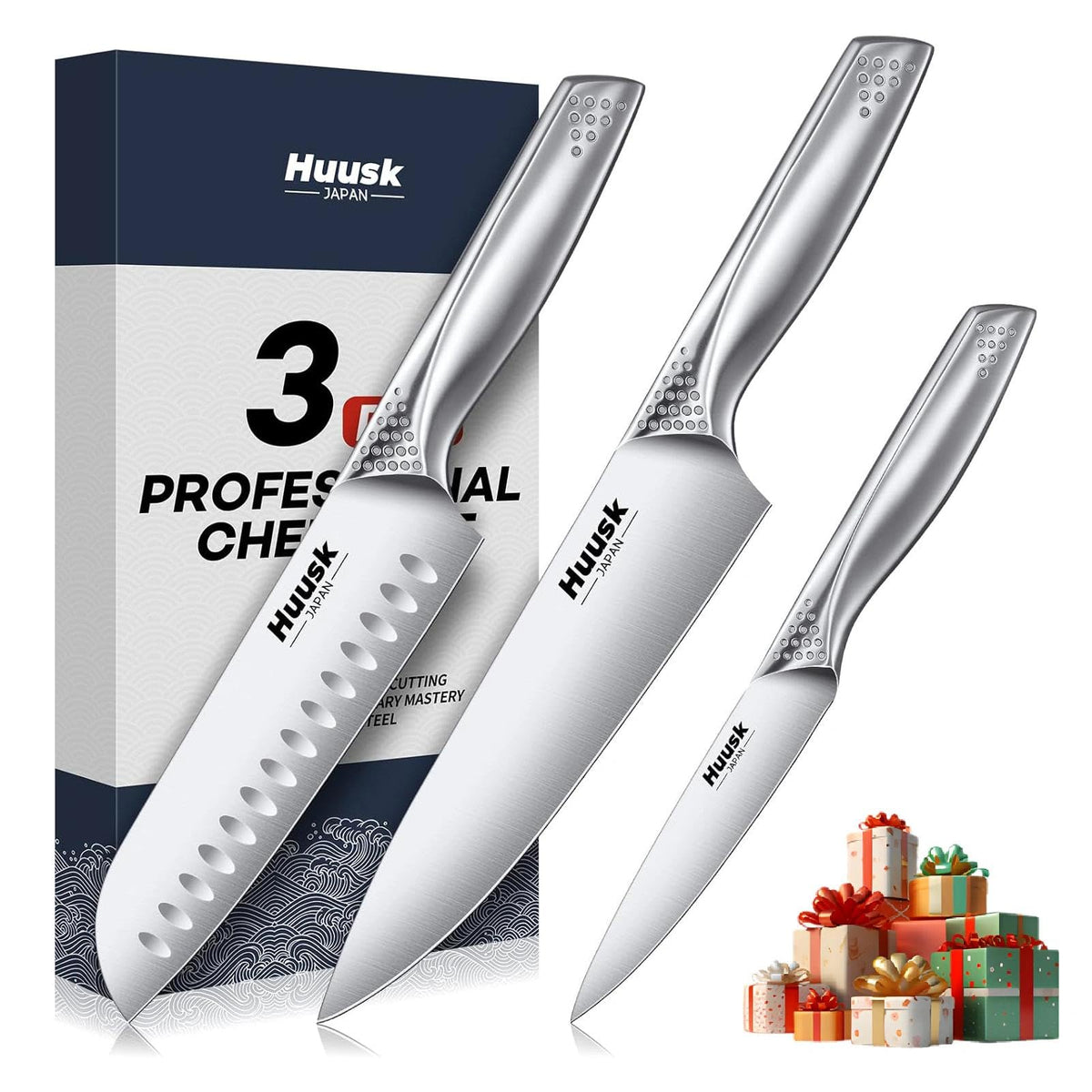 Huusk three-piece knife set top view ideal for efficient meal prep