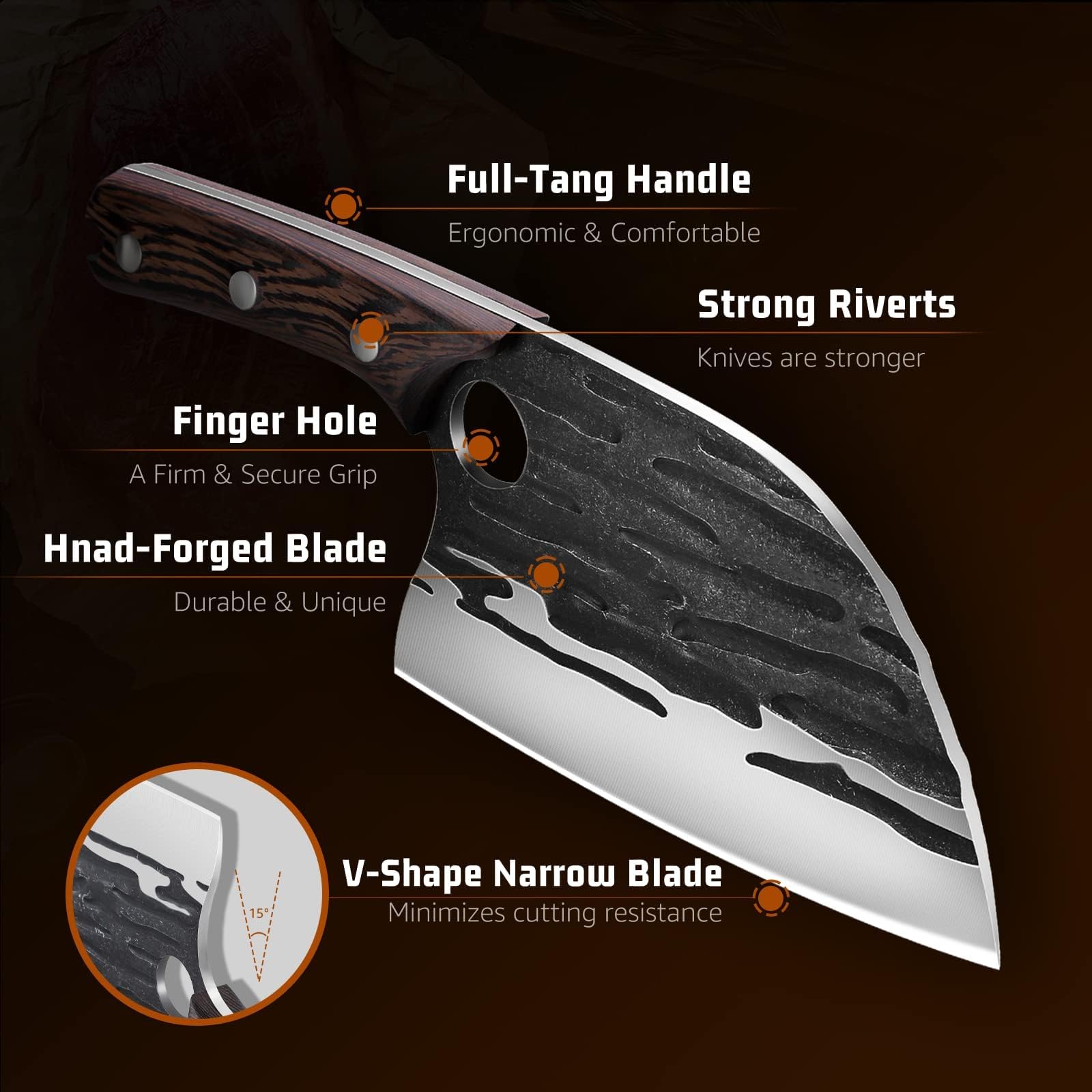 Huusk Serbian Chef Knife hammered blade reduces sticking during cutting.