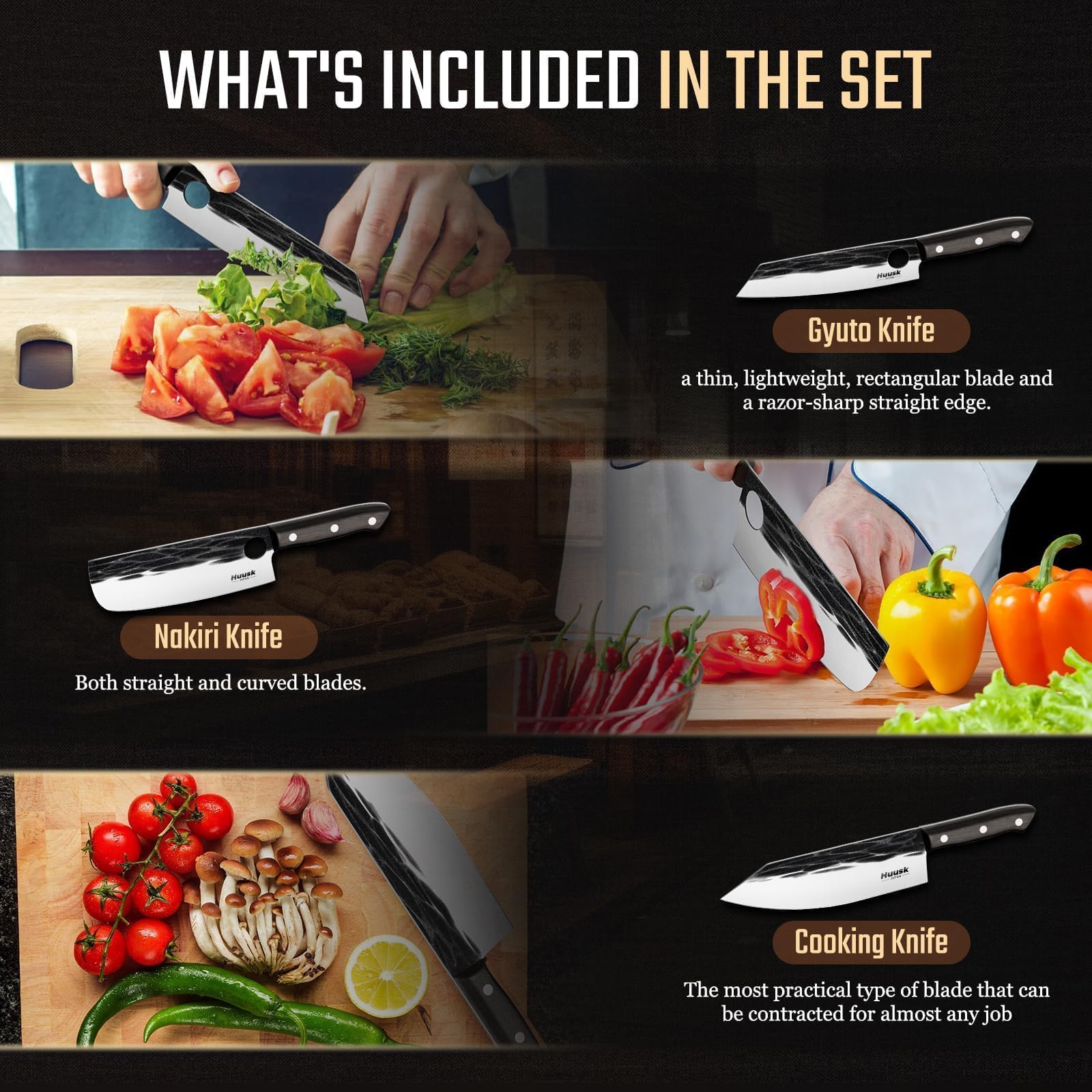 Huusk variety knife set covers meat, vegetables, and bones for versatile cooking.
