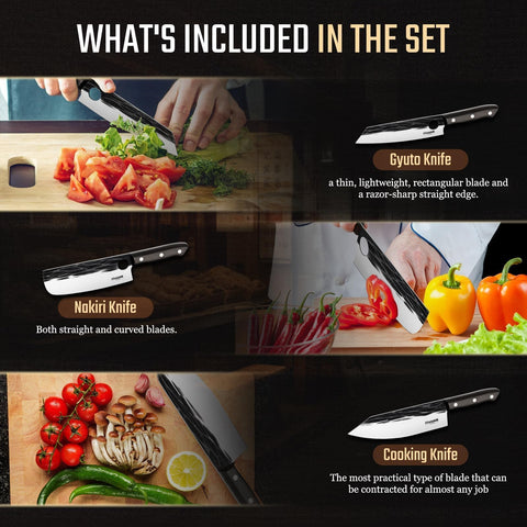 Huusk variety knife set covers meat, vegetables, and bones for versatile cooking.