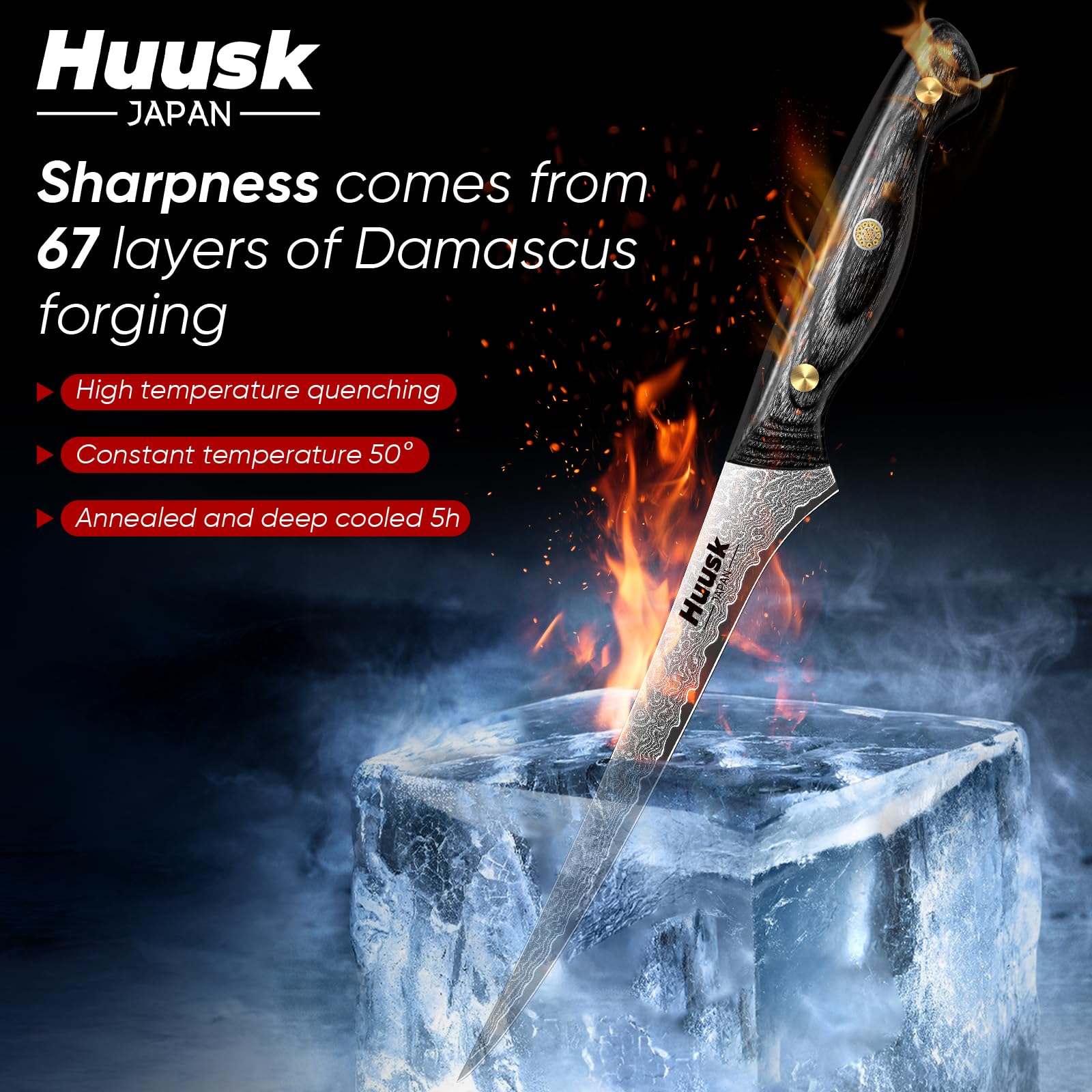 Huusk VG10 core Damascus blade for sharp, durable slicing.