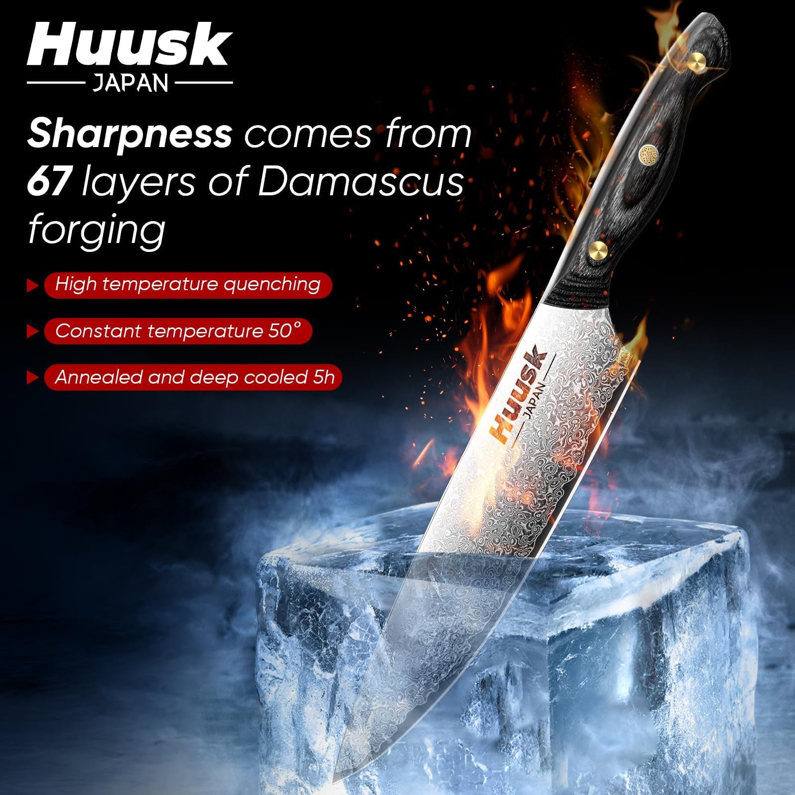 Huusk VG10 Santoku knife blade for clean vegetable slicing.