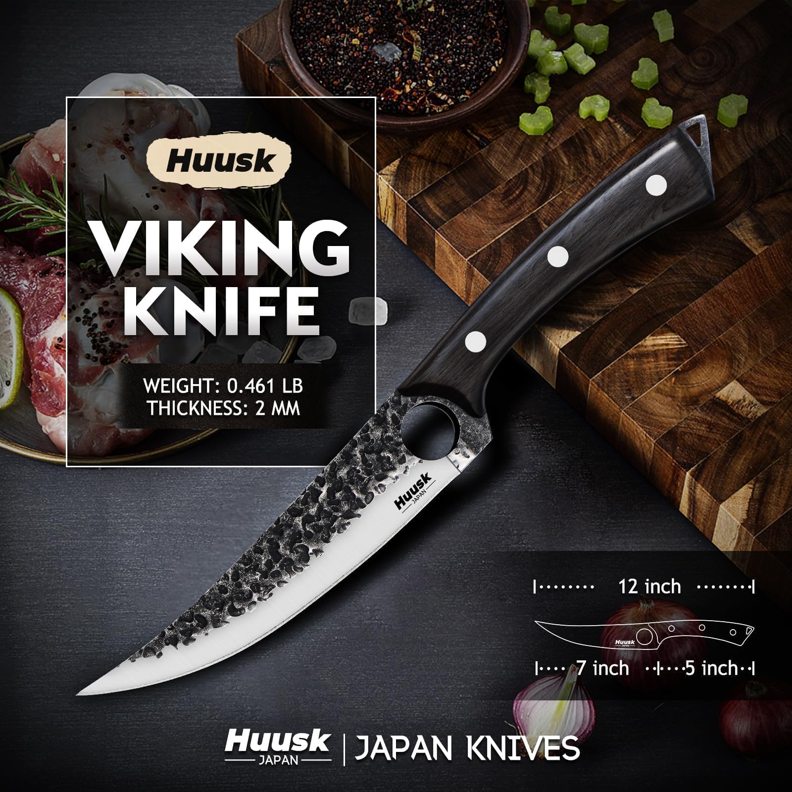 Huusk Viking ATS-34 steel blade stays sharp for durable performance.