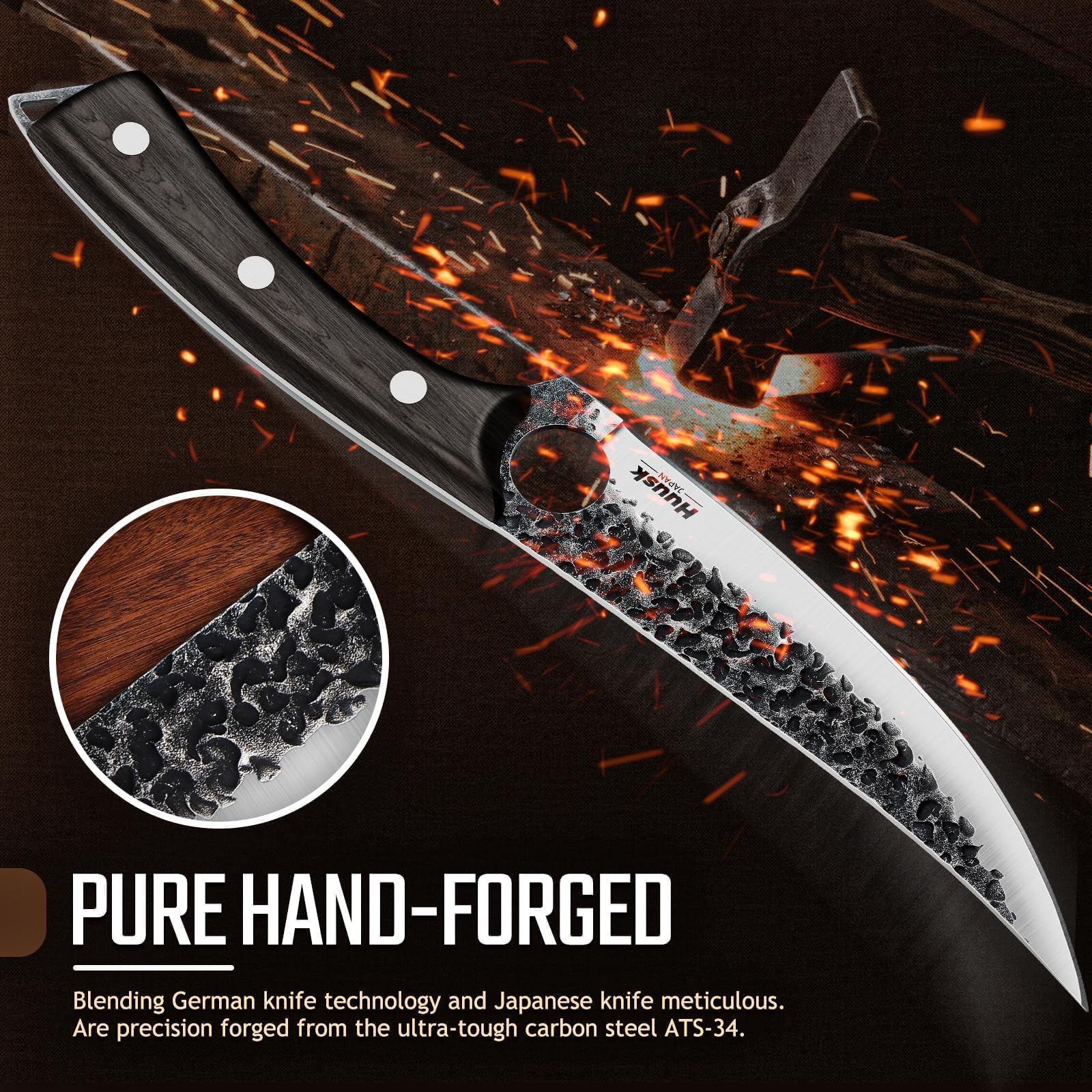 Huusk Viking full tang blade provides balanced control during precise cuts.
