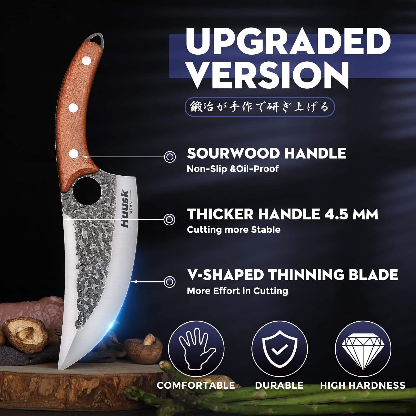 Huusk knife with blackened blade resists rust for steady performance.