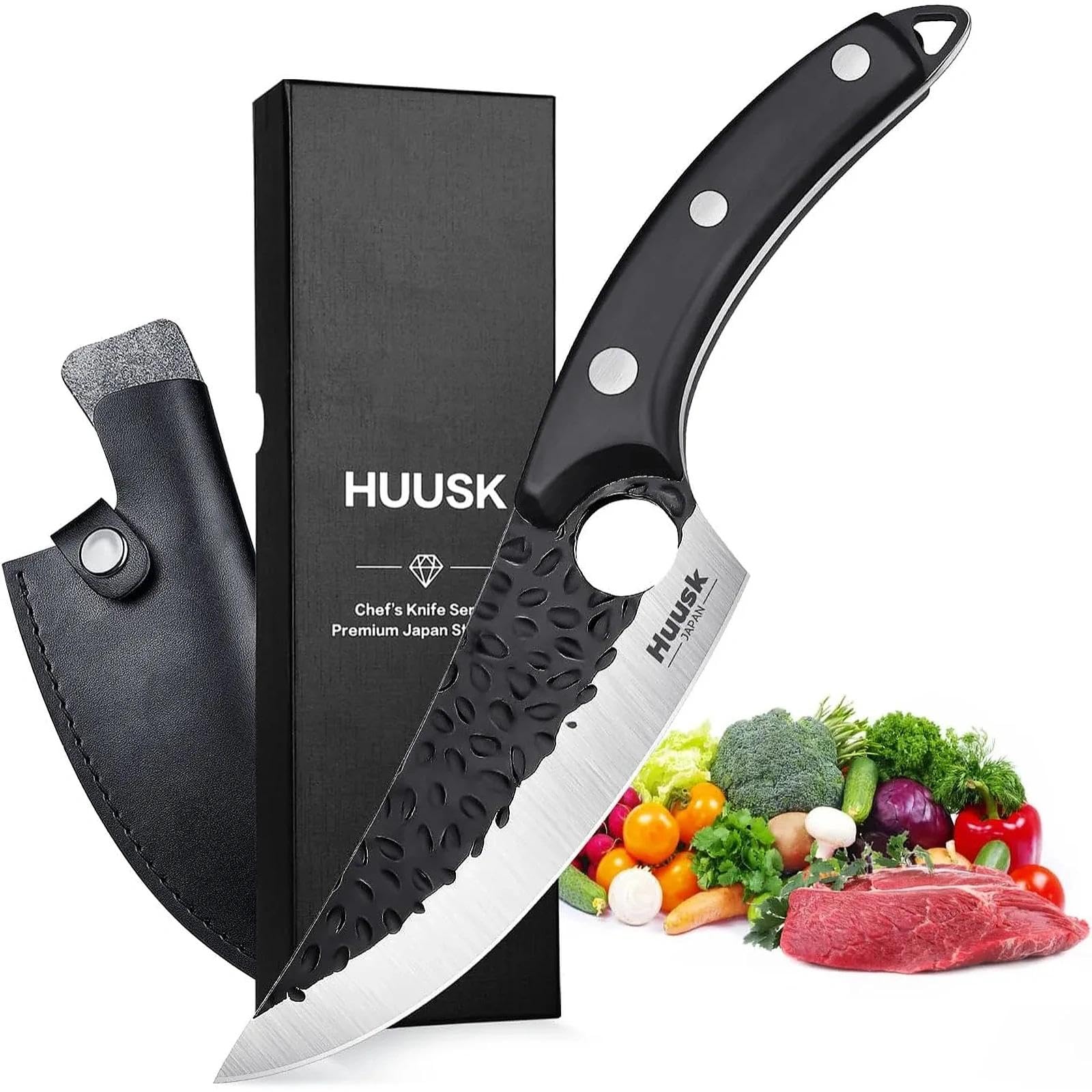 Huusk Viking Knife blade closeup showcases premium ATS-34 steel for sharp, lasting edges.