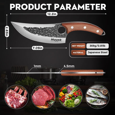 Huusk knife shown for camping kitchen tasks and outdoor meat prep.