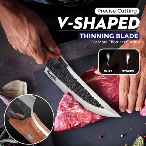 Huusk Viking knife in action delivering smooth slicing on a board.